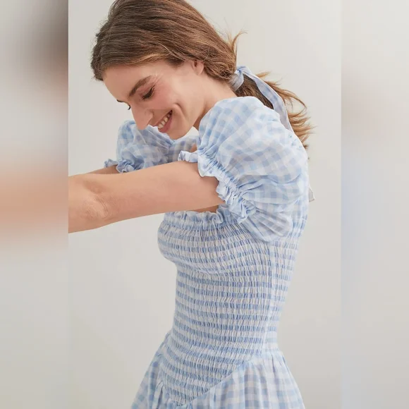 Sleeper 100% linen belle dress in blue gingham, medium - Picture 4 of 8